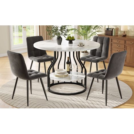 Ensemble de salle à manger 5 pièces,table ronde 80 cm de diamètre pieds métal noir,plateau en marbre MDF,4 chaises en velours gris. (1/5)