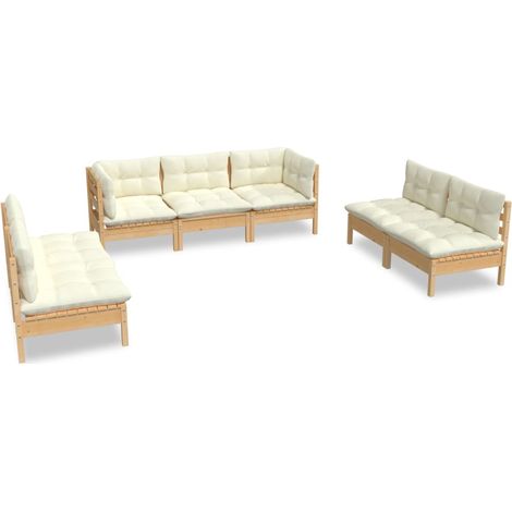 INLIFE Salon de jardin 7 pcs avec coussins crème Bois de pin massif (1/5)
