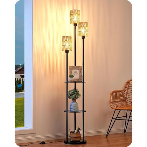 Lampadaire pour Salon, 3 Lumières LED avec Étagère, Bohème, Noir (1/5)