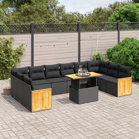 Ensemble Salon Jardin 11 Pièces Noir Résine Tressée avec Coussins Lavables - Table Réglable Hauteur, Mobilier Extérieur Modulaire Durable (1/3)