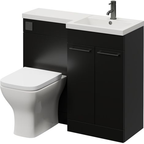 Napoli 390 Matt Black 1000mm 2 Door Vanity Unit Toilet Suite with Right Hand Square Lucia Basin - 1000mm - Gunmetal Grey 160mm HandleWith Kingston Toilet Pan and Seat