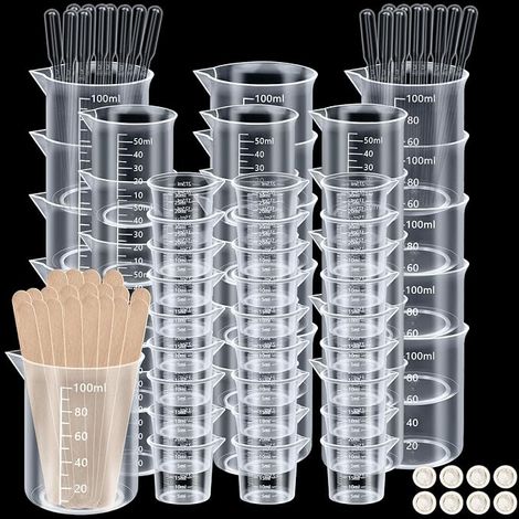 Measuring Cups, 30ml 50ml 100ml Verre Doseur Plastique Verre Doseur Cuisine avec Agitateurs et Pipettes, Peinture Époxy Artisanat Détergent Produits Chimiques (1/5)