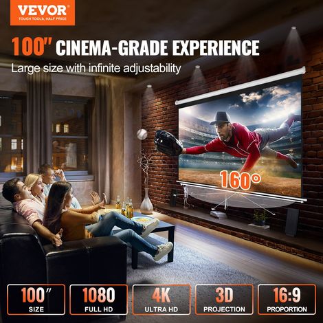 Écran de Projection Enroulable Manuel 100 pouces 16:9 HD 4K Toile de Vidéoprojecteur Anti-Plis Grand Angle de Vision Montage Mural Image Détaillée pour Cinéma Domicile Maison Soirée Intérieur (1/5)