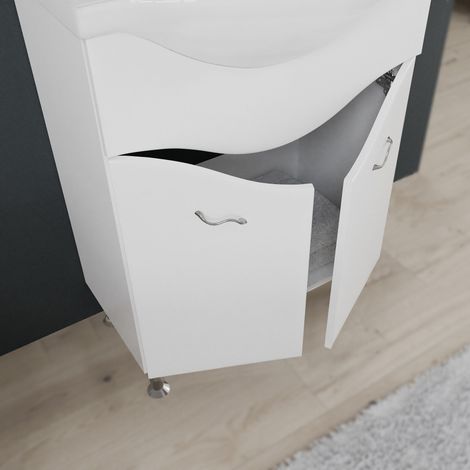 Kiamami Valentina – Meuble de salle de bain sur pieds 65 cm – 2 portes – Lavabo en céramique – Miroir avec spots LED – Finition blanc brillant — vue 4