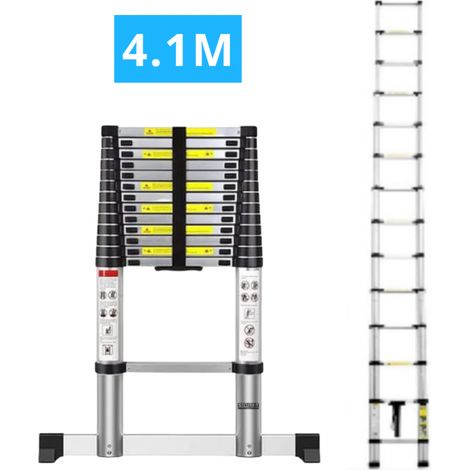 Secury-T – Échelle télescopique aluminium 14 marches H 4,1m – Barre stabilisatrice – Antidérapante pour sécurité – Charge max 150 kg (1/4)
