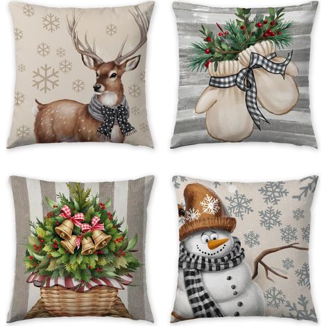 Juego de 4 fundas de cojín decorativas navideñas, 45 x 45 cm, decoración navideña e invernal, estilo rústico, para salón o jardín, copos de nieve. (1/5)
