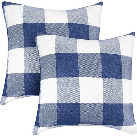 Lot de 2 taies d'oreiller à carreaux, taies d'oreiller carrées décoratives en lin style ferme, 45 x 45 cm, bleues (1/3)