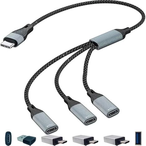 Diviseur d'alimentation Type-C tressé en Nylon, mâle 1 vers 3 Type C Femelle, Câble diviseur3 en 1, avec 4 Adaptateurs pour Recharge Multi-Ports, Transmission données (1/4)