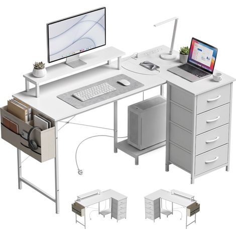 L Shaped Desk, Reversible with Drawers, 150 x 80 x 89.5 cm, White (1/5)