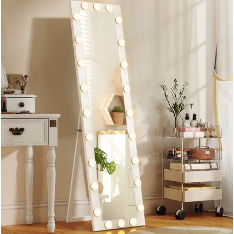 Specchio LED da terra 150x40 cm in vetro temperato, cornice MDF bianca, 24 lampadine – MEUBLIV (1/5)