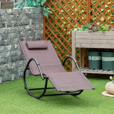 Chaise longue berçante Marron 160 kg extérieure accoudoirs appui tête effet rotin terrasse/jardin charge max 157x60x80 cm