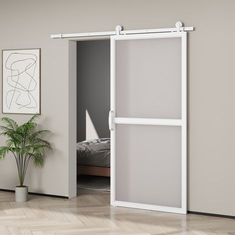 Kit di ferramenta per porta scorrevole da 200 cm, kit di accessori per porta scorrevole con 2 binari e guida, colore bianco. (1/5)