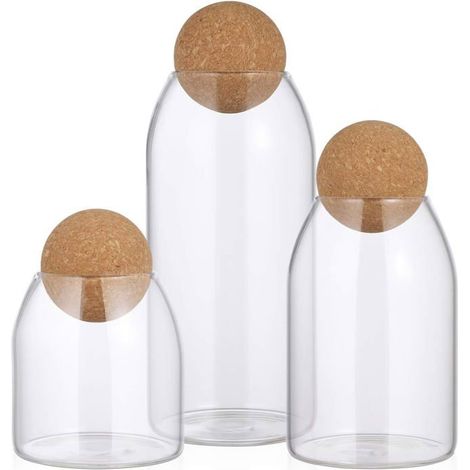 Ensemble de trois bocaux en verre, avec couvercle hermétique, couvercle en bois et couvercle sphérique transparent bocaux à bonbons, bocaux Mason, boîtes de conservation alimentaire. (1/5)