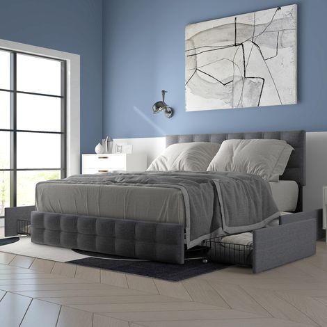 Lit coffre 140x200 cm avec 4 tiroirs, sommier lattes acier, tête de lit réglable, lin gris(Sans matelas) (1/5)