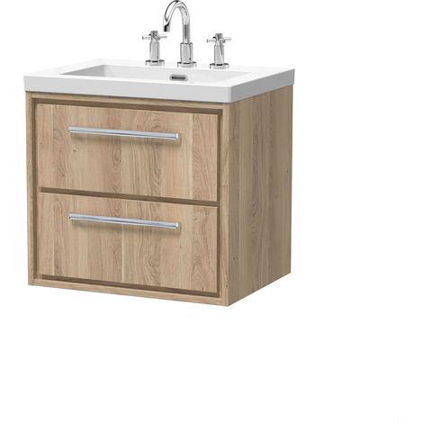 Longnor 2 Drawer Wall Hung Vanity Unit with 3 Tap Hole Modern Fireclay Basin, Light Oak, 600mm