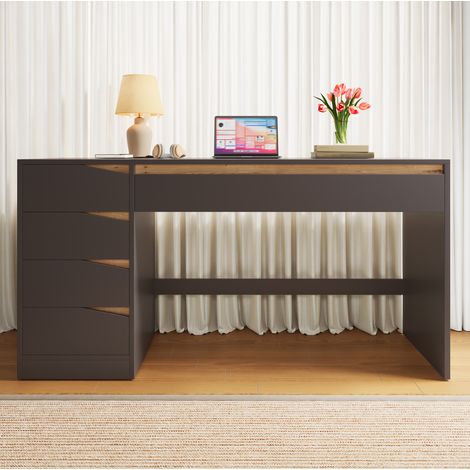 MODFU – Scrivania 140x50 cm in MDF con 5 cassetti, ampio piano, finitura grigio e decoro rovere venato, per home office o camera – Grigio/rovere (1/5)