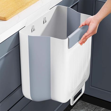 Petite poubelle pliable à suspendre pour le comptoir, poubelle de placard en plastique, poubelle murale de 2,4 gallons pour la cuisine, la salle de bain, la chambre (grise) (1/5)