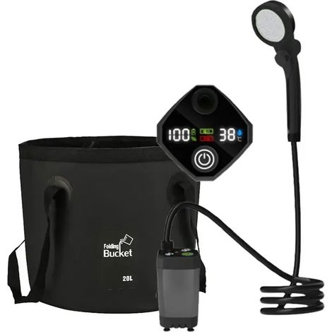 (Kit gris 6000 mA) Douche de camping portable avec pompe rechargeable et sac pliable de 20 L inclus, idéale pour les voyages, le jardinage et le lavage de voiture. (1/4)