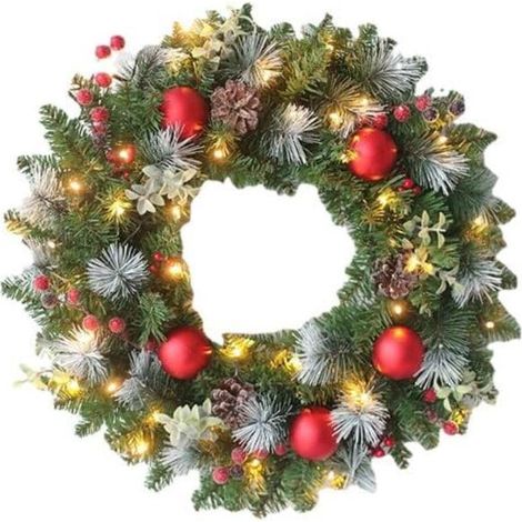Couronne de Noël pour décoration porte d'entrée flocons baies pomme pin 20 lumières LED 30 cm (1/5)