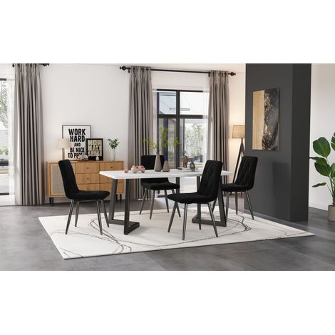 Table rectangulaire repas moderne 5 pièces : 1 table 117x68cm + 4 chaises velours côtelé noir, piétement noir