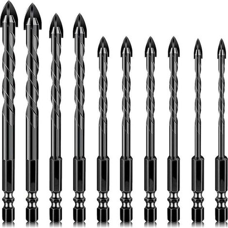 Lot de 10 forets multi-usages en carbure de tungstène pour carrelage, verre, porcelaine, béton, murs de briques et verre (5 à 12 mm) (1/4)