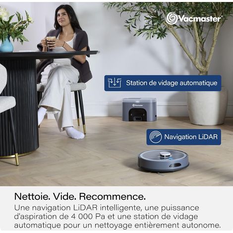 Vacmaster REi Robot aspirateur avec station d'aspiration, puissance d'aspiration de 4000 Pa, navigation et cartographie LiDAR, application Wi-Fi et commande vocale, aspirateur robot pour poils (1/5)