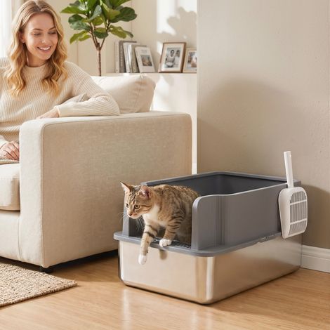 Grand bac à litière en acier inoxydable avec tamis, rebord haut, pelle et 10 tapis absorbants, gris foncé (1/5)