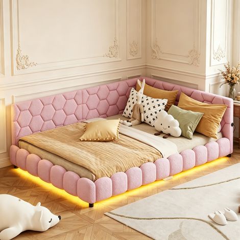 Lit banquette 140x200 cm, Canapé-lit 2 places avec bande LED et ports USB, lit capitonné multifonction, Revêtement peluche