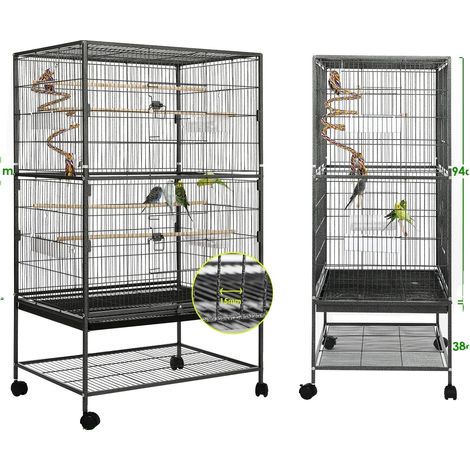 Cage à oiseaux, design carré, support roulant, noir, 52 x 78 x 132 cm-a (1/2)