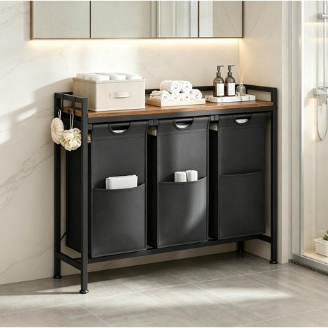 Meuble de rangement linge 96x30x71 cm en bois noir, gain de place pour salle de bain FloraGrace (1/5)