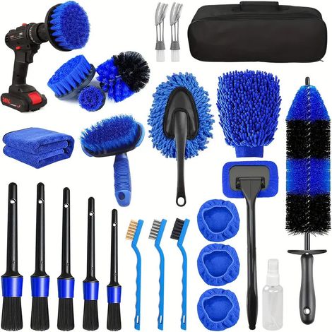 Kit de nettoyage automobile 26 pièces, brosses de finition, outil de nettoyage de pare-brise, kit de lavage pour l'intérieur et l'extérieur des roues (1/5)