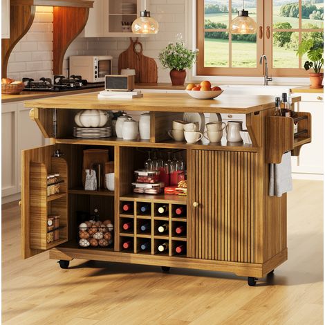 Carrello da cucina su ruote 142,5x40/80x95 cm con ripiani pieghevoli, contenitore, portabottiglie, MDF marrone (1/5)