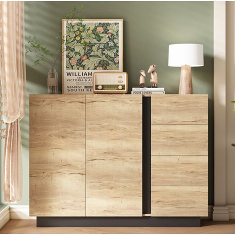 Credenza 120x35.5x90.5 cm nero e naturale in pannello truciolare con 4 cassetti, 2 ante e apertura push-to-open (1/5)