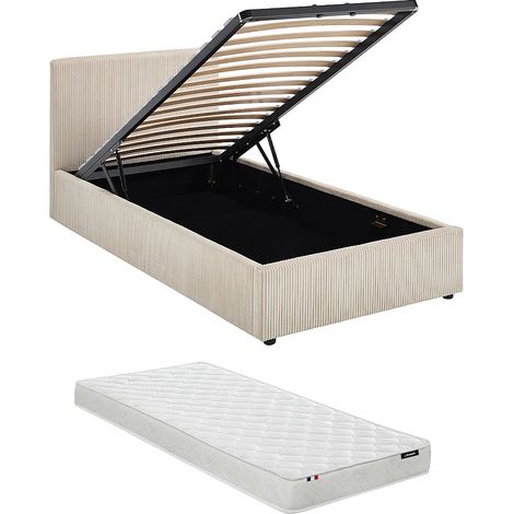 Lit coffre 90 x 190 cm – Velours côtelé – Crème + Matelas - VALME (1/5)