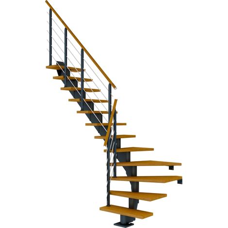 Dolle Mittelholmtreppe Hamburg 1/4 gewendelt Eiche, geölt 85 cm breit für GH 222 – 258 cm UK Metall Anthrazit mit Geländer