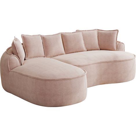 Sofá modular sin estructura de chenilla en forma L rosa con chaise longue y cojines (1/5)