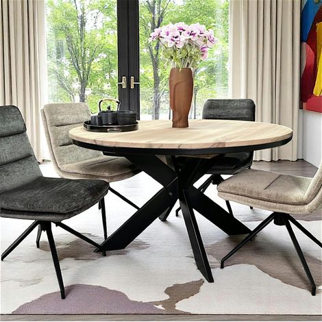 Pier Import – Table ronde extensible 120 cm en chêne blanc – Pied en métal – Plateau en bois naturel clair – Rallonges jusqu'à 2m – Fabriquée en Europe