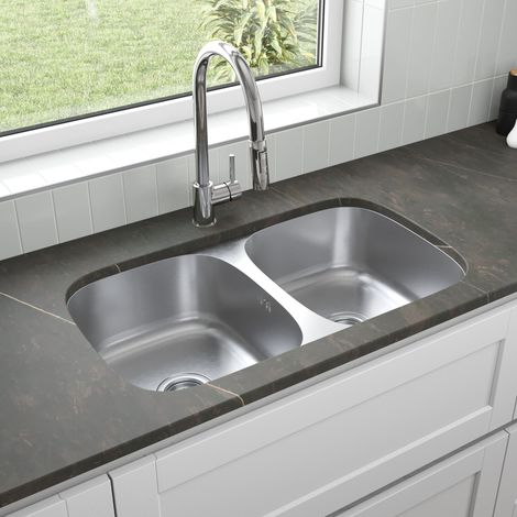ArtiKitch Kitchen Sink 2 Double Bowl Stainless Steel Inset Undermount Strainer Waste 785mm (1/4)