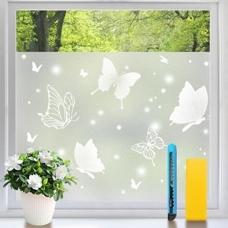 Sichtschutzfolie für Fenster, kein Klebstoff erforderlich, blickdichte Fensterfolie mit mattiertem Schmetterlingsmuster, UV-beständig, lichtdurchlässig und dekorativ für Badezimmer, Schlafzimmer, Büro (1/5)