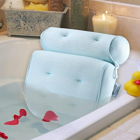 Coussin Spa Pour Baignoire - Soutien Cervical Et Lombaire - Tissu En Fibre Naturelle Respirant - Ventouses Renforcées - Lavable En Machine - Bleu Clair