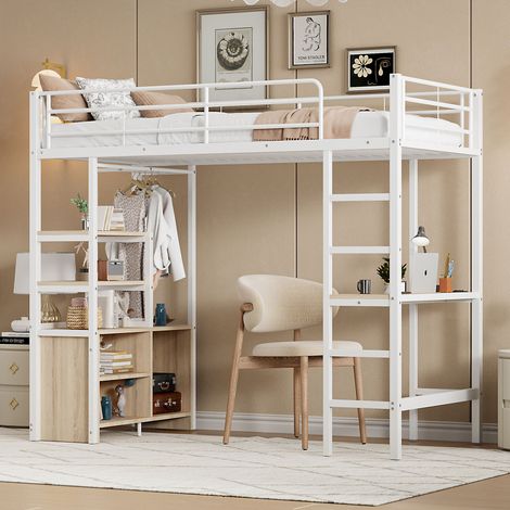 Lit mezzanine 90x200cm - Lit enfant avec bureau, prise USB, échelles étagères et placard de rangement ouvert - en fer blanc (1/5)