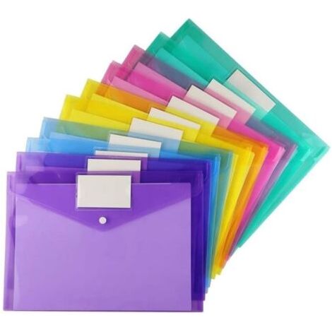FENOPLASTICAPochette Documents, 10 Pochettes A4 5Couleurs Différentes, Avec Bouton-Pression et Pochette Pour Cartes de Visite, pour le Classement, Triées pour l'école, Travail, Bureau et Maison (1/4)