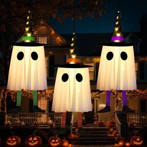 Halloween Hang Suspendu Fantôme Décoration, 3 Pièces 60CM Fantôme Lumière LED Décorations Halloween Extérieur, Suspendu Chapeau Sorciere Lumière, Halloween Decoration Interieur Murale Fenêtre Fête (1/5)
