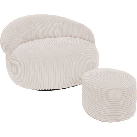 Pouf XXL déhoussable en velours côtelé BANANAIR 110x100 cm + repose-pieds beige (1/5)