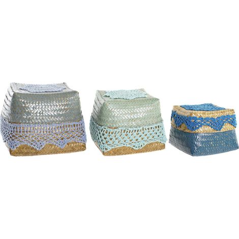 Panier déco en bambou coton bleu turquoise naturel gris clair - Bleu turquoise naturel et gris clair (1/4)
