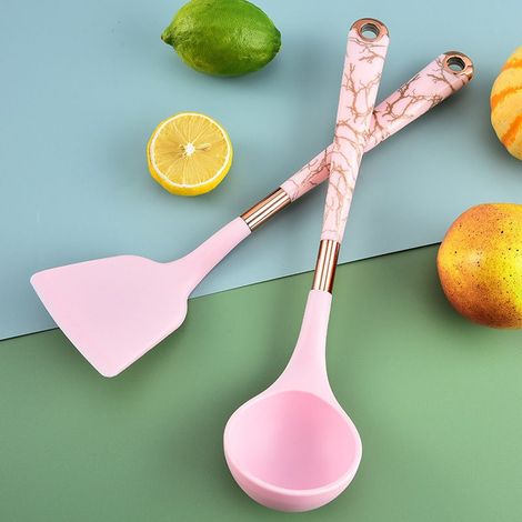 Set di 7 utensili da cucina in silicone, manico antiaderente placcato oro rosa, rosa