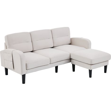 Sofá Esquinero 3 Plazas con Chaise Longue, Bolsillos Laterales, 10 Patas, Tejido, Beige 204 × 136 × 80 cm (1/5)