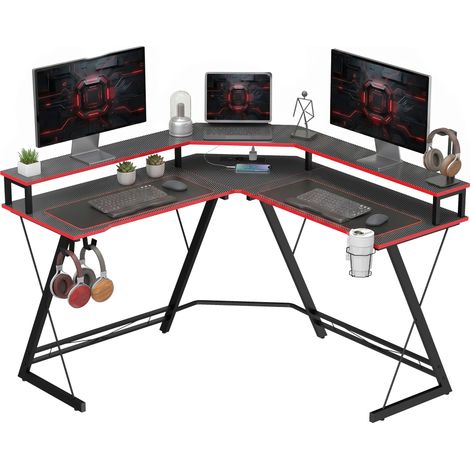 HOMCOM escritorio esquinero con enchufes, mesa escritorio forma L, 128x128 cm, con soporte para monitor, gancho para auriculares y portavasos, negro (1/5)