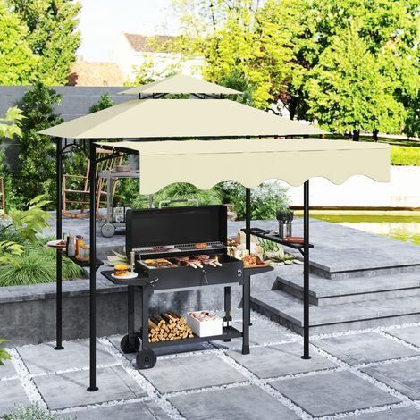 Pavillon de jardin avec barbecue. 242 x 232 x 248 cm. hydrofuge et ignifugé. avec double toiture. beige.