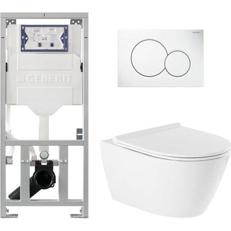 QeramiQ Salina Pack WC - sans bride - à fond creux - abattant à fermeture douce - plaque de déclenchement Geberit Sigma20 en inox brossé - blanc